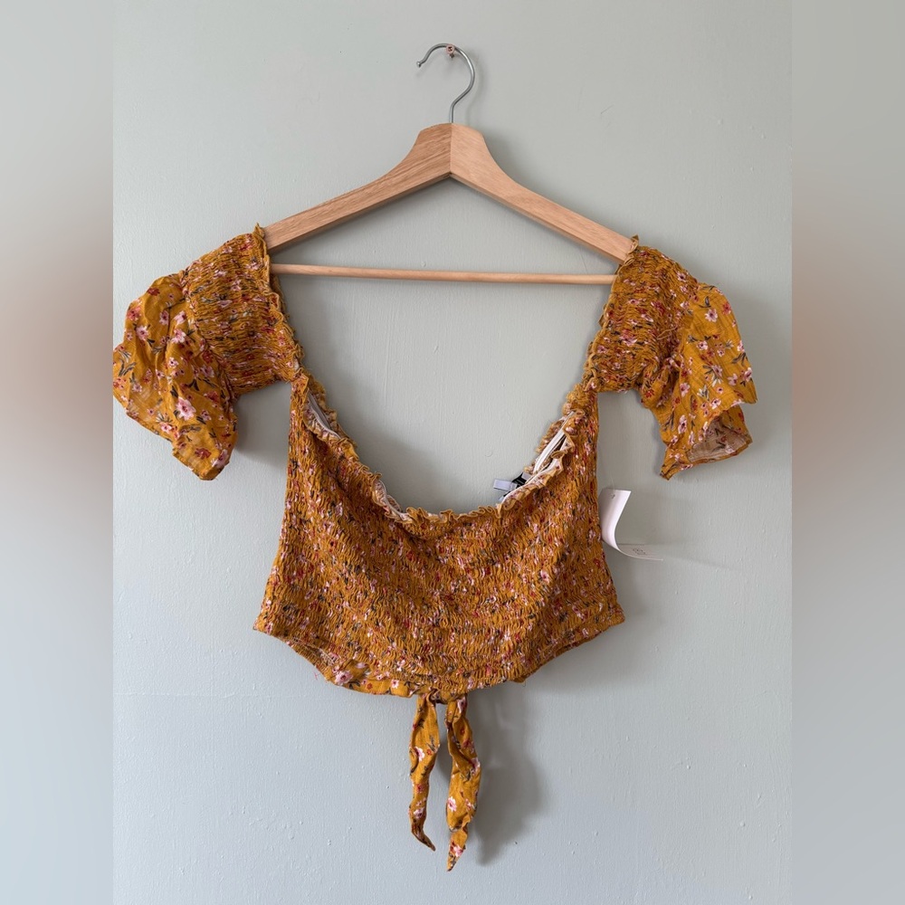 Tobi Floral Smocked Crop Top & Ruffle Shorts Set Mustard Yellow - NWT